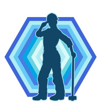 Çalışan bir işçinin silueti balyoz aletini kullanarak hareket halinde poz verir.