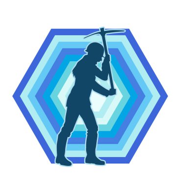 Kazma aletle poz veren, işçi kostümü giyen bir kadının silueti. Kazma aleti taşıyan madenci kostümlü bir kadının silueti..