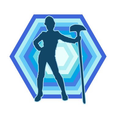 Çalışan kostümü giyen bir kadının silüeti. Kürek aletleriyle poz veriyor..