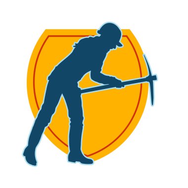 Kazma aletle poz veren, işçi kostümü giyen bir kadının silueti. Kazma aleti taşıyan madenci kostümlü bir kadının silueti..