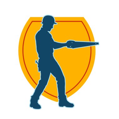 Bir erkek marangoz ya da demir testeresi taşıyan ahşap işçisi silueti.