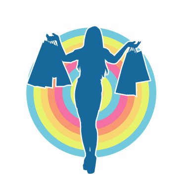 Sıska, alışveriş torbaları taşıyan genç bir kadının silueti. Alışveriş torbaları taşıyan şık bir kadının silueti.