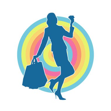 Sıska, alışveriş torbaları taşıyan genç bir kadının silueti. Alışveriş torbaları taşıyan şık bir kadının silueti.