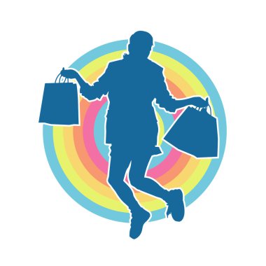 Sıska, alışveriş torbaları taşıyan genç bir kadının silueti. Alışveriş torbaları taşıyan şık bir kadının silueti.