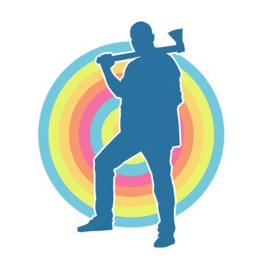 Balta taşıyan bir adamın silüeti. Balta taşıyan erkek bir oduncunun silueti..