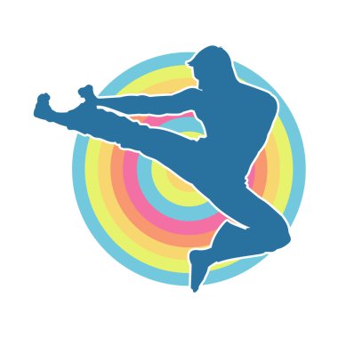 Dövüş sanatları pozu veren bir erkeğin silueti. Dövüş sanatları ustasının silueti tekme atma pozu veriyor..