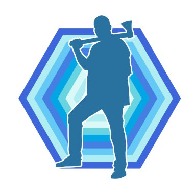 Balta taşıyan bir adamın silüeti. Balta taşıyan erkek bir oduncunun silueti..