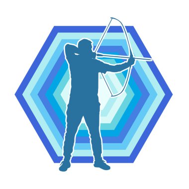 Hareketli erkek okçu savaşçısının silueti. Okçuluk silahı taşıyan bir adamın silueti..