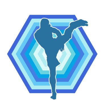 Hareketli erkek kickboksör atletinin silueti. Tekme atan bir adamın silueti..