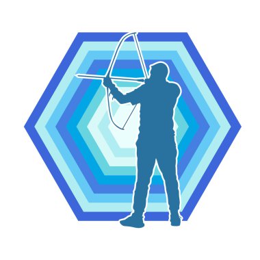 Hareketli erkek okçu savaşçısının silueti. Okçuluk silahı taşıyan bir adamın silueti..