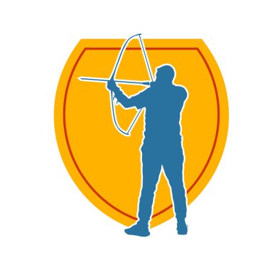 Hareketli erkek okçu savaşçısının silueti. Okçuluk silahı taşıyan bir adamın silueti..