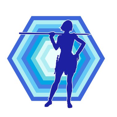 İnce bir kadın dövüşçünün silueti asa silahıyla ayakta duruyor. İnce bir kadın savaşçı silueti sopa tabancası taşıyor..