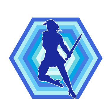 Bir kadın dövüşçünün silueti kılıç taşırken poz veriyor..