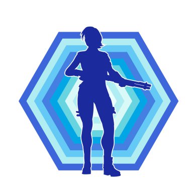 Uzun namlulu tüfek taşıyan bir kadın savaşçının silüeti. Silah taşıyan bir kadın dövüşçünün silueti.