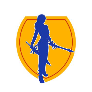 Bir kadın dövüşçünün silueti kılıç taşırken poz veriyor..