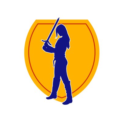 Bir kadın dövüşçünün silueti kılıç taşırken poz veriyor..