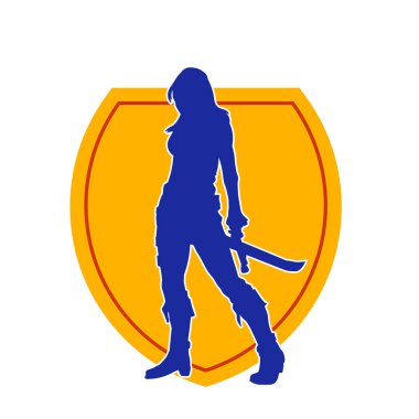 Bir kadın dövüşçünün silueti kılıç taşırken poz veriyor..