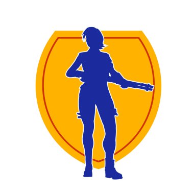 Uzun namlulu tüfek taşıyan bir kadın savaşçının silüeti. Silah taşıyan bir kadın dövüşçünün silueti.