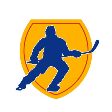 Kasklı ve üniformalı bir buz hokeyi oyuncusunun silueti.