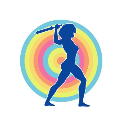 Kadın savaşçıların silueti kılıç taşıyor. Kılıçlı bir kadın dövüşçünün silueti..