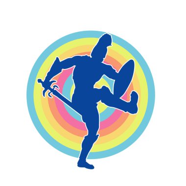 Savaş zırhlı bir erkek savaşçının silueti. Kılıç ve demir kalkan taşıyor..