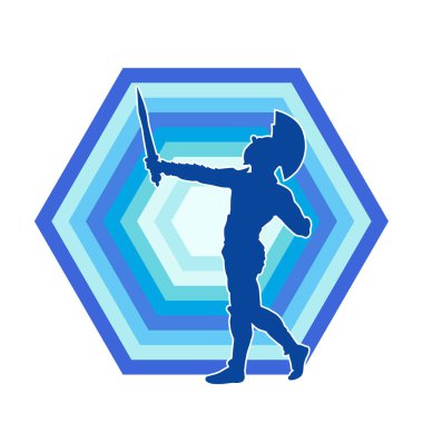 Zırhlı bir kadın savaşçının silueti kılıçla poz veriyor.