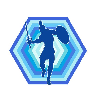 Savaş zırhlı bir erkek savaşçının silueti. Kılıç ve demir kalkan taşıyor..