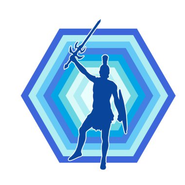 Savaş zırhlı bir erkek savaşçının silueti. Kılıç ve demir kalkan taşıyor..