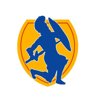 Savaş zırhlı bir erkek savaşçının silueti. Kılıç ve demir kalkan taşıyor..