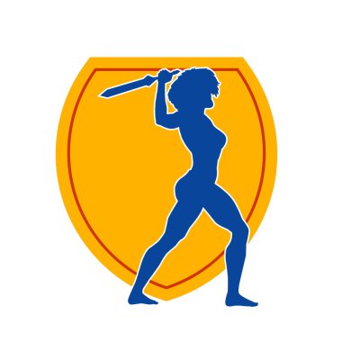 Kadın savaşçıların silueti kılıç taşıyor. Kılıçlı bir kadın dövüşçünün silueti..