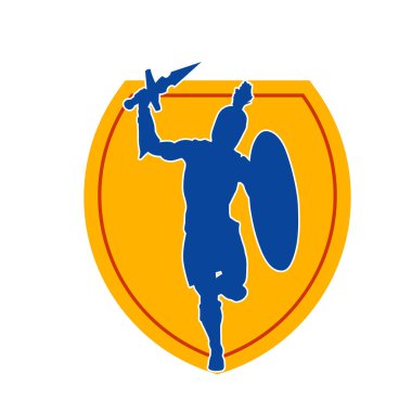 Savaş zırhlı bir erkek savaşçının silueti. Kılıç ve demir kalkan taşıyor..