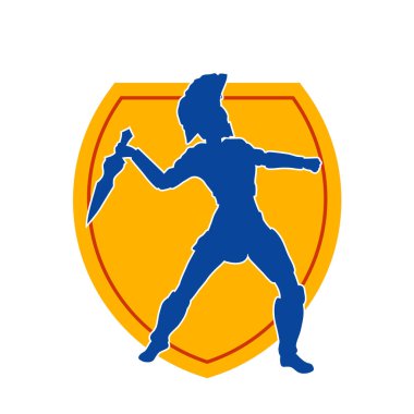 Zırhlı bir kadın savaşçının silueti kılıçla poz veriyor.