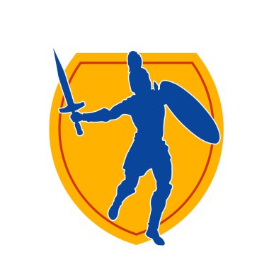 Savaş zırhlı bir erkek savaşçının silueti. Kılıç ve demir kalkan taşıyor..