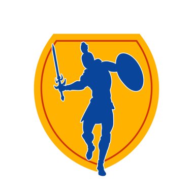 Savaş zırhlı bir erkek savaşçının silueti. Kılıç ve demir kalkan taşıyor..