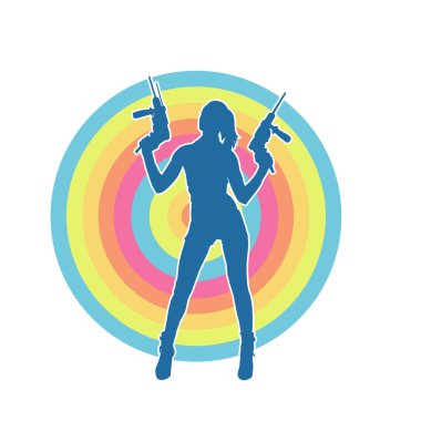 Matkap aletleri taşıyan inşaat işçisi kostümlü bir kadın silueti. İnşaat işçisi kadın silueti elektrikli matkapla poz veriyor.. 