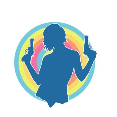 Kadın dövüşçü silueti. Tabanca ya da tabanca taşıyor..