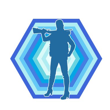 Kadın bir savaşçının silueti, tüfekle poz veriyor. Uzun namlulu ateşli silah taşıyan bir kadın avcının silueti.