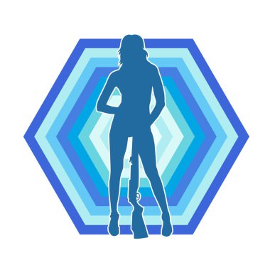 Kadın bir savaşçının silueti, tüfekle poz veriyor. Uzun namlulu ateşli silah taşıyan bir kadın avcının silueti.