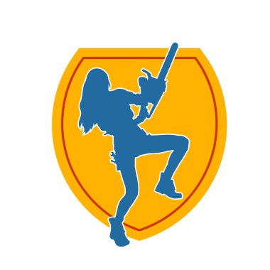 Çalışan bir kadın işçinin silueti elektrikli testereyle poz veriyor. Çalışan kostümü giyen ve elektrikli testere taşıyan bir kadının silüeti.