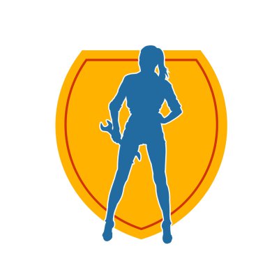 İngiliz anahtarı taşıyan zayıf bir kadının silueti. İngiliz anahtarı taşıyan bir kadın işçinin silueti..