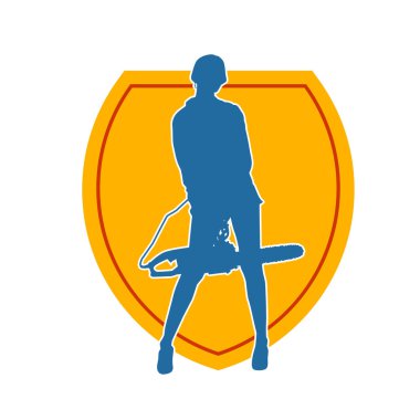 Çalışan bir kadın işçinin silueti elektrikli testereyle poz veriyor. Çalışan kostümü giyen ve elektrikli testere taşıyan bir kadının silüeti.