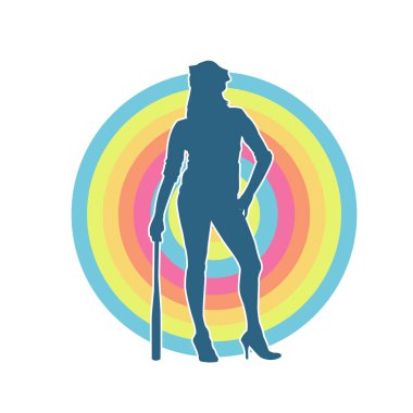 İnce bir kadın modelin silueti polis memuru kostümü giymiş beyzbol sopası taşıyor.