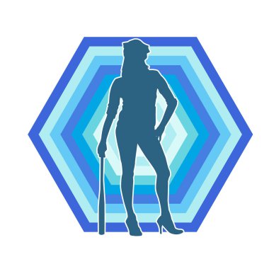 İnce bir kadın modelin silueti polis memuru kostümü giymiş beyzbol sopası taşıyor.