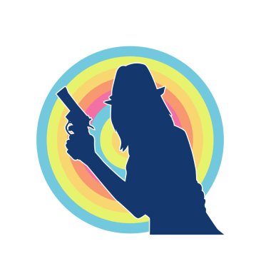 Uzun pantolon ve fötr şapka giyen zayıf bir kadın modelin silueti. Tabancayla poz veriyor..