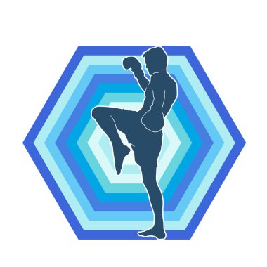 Hareketli erkek kickboksör atletinin silueti. Tekme atan bir adamın silueti..