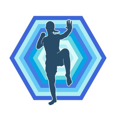 Hareketli kadın kickboksör atletinin silueti. Tekme atan bir kadının silueti..
