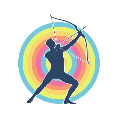 Hareketli erkek okçu savaşçısının silueti. Okçuluk silahı taşıyan bir adamın silueti..