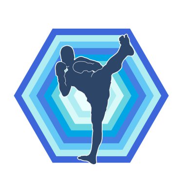 Hareketli erkek kickboksör atletinin silueti. Tekme atan bir adamın silueti..