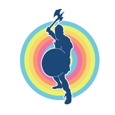 Muharebe halindeki bir savaşçının silueti savaş baltası ve demir kalkanla poz verir.