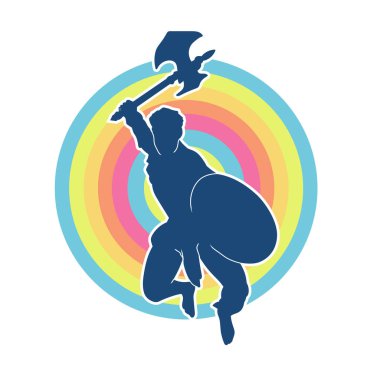 Muharebe halindeki bir savaşçının silueti savaş baltası ve demir kalkanla poz verir.